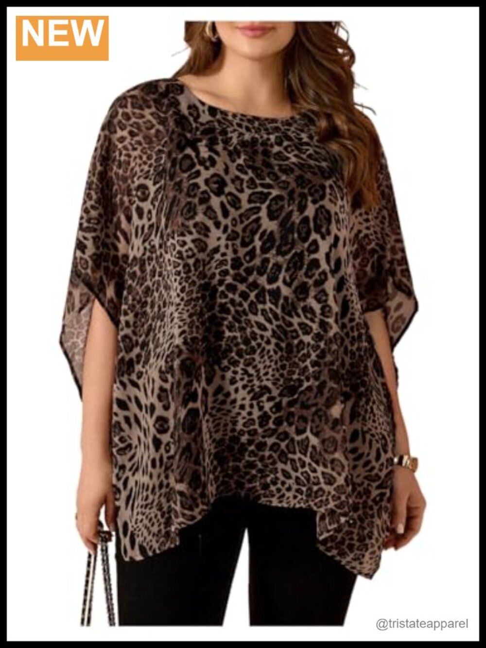 Women's Plus Size Cheetah Print Chiffon Blouse Dolman Sleeve Split Hem